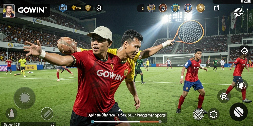 Gambar tampilan utama GOWIN dengan gameplay seru di lapangan olahraga.