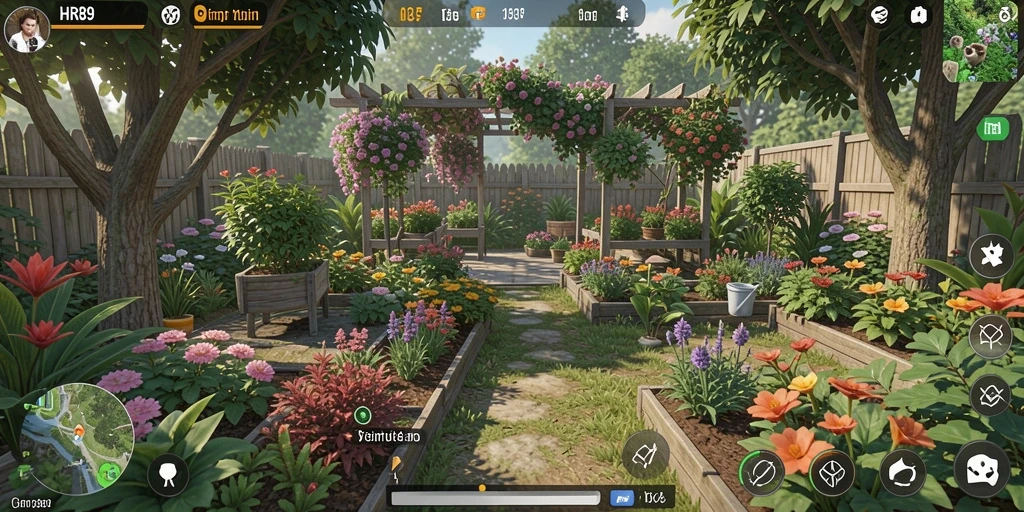 Tampilan gameplay dari HR89 dengan berbagai tanaman dan hewan ternak.