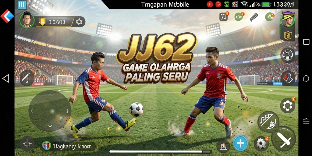 Tampilan layar utama JJ62 menampilkan pemain bersiap dalam laga olahraga.